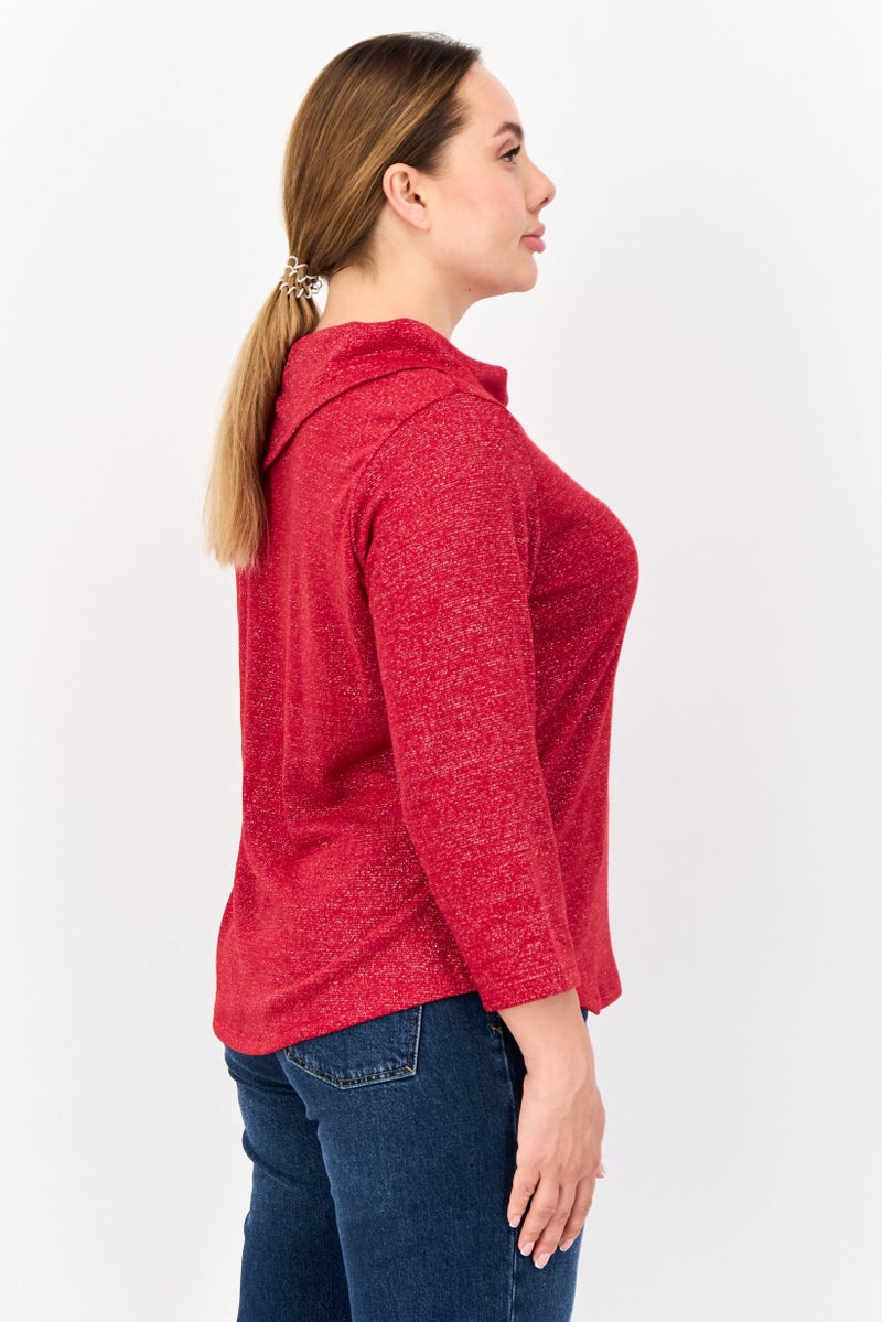 ADRIENNE VITTADINI بلوزة معدنية ذات ياقة مزيفة بأكمام 3/4 للنساء، حمراء - Image 2