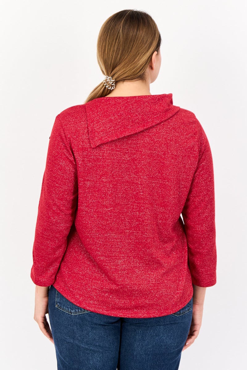 ADRIENNE VITTADINI بلوزة معدنية ذات ياقة مزيفة بأكمام 3/4 للنساء، حمراء - Image 3