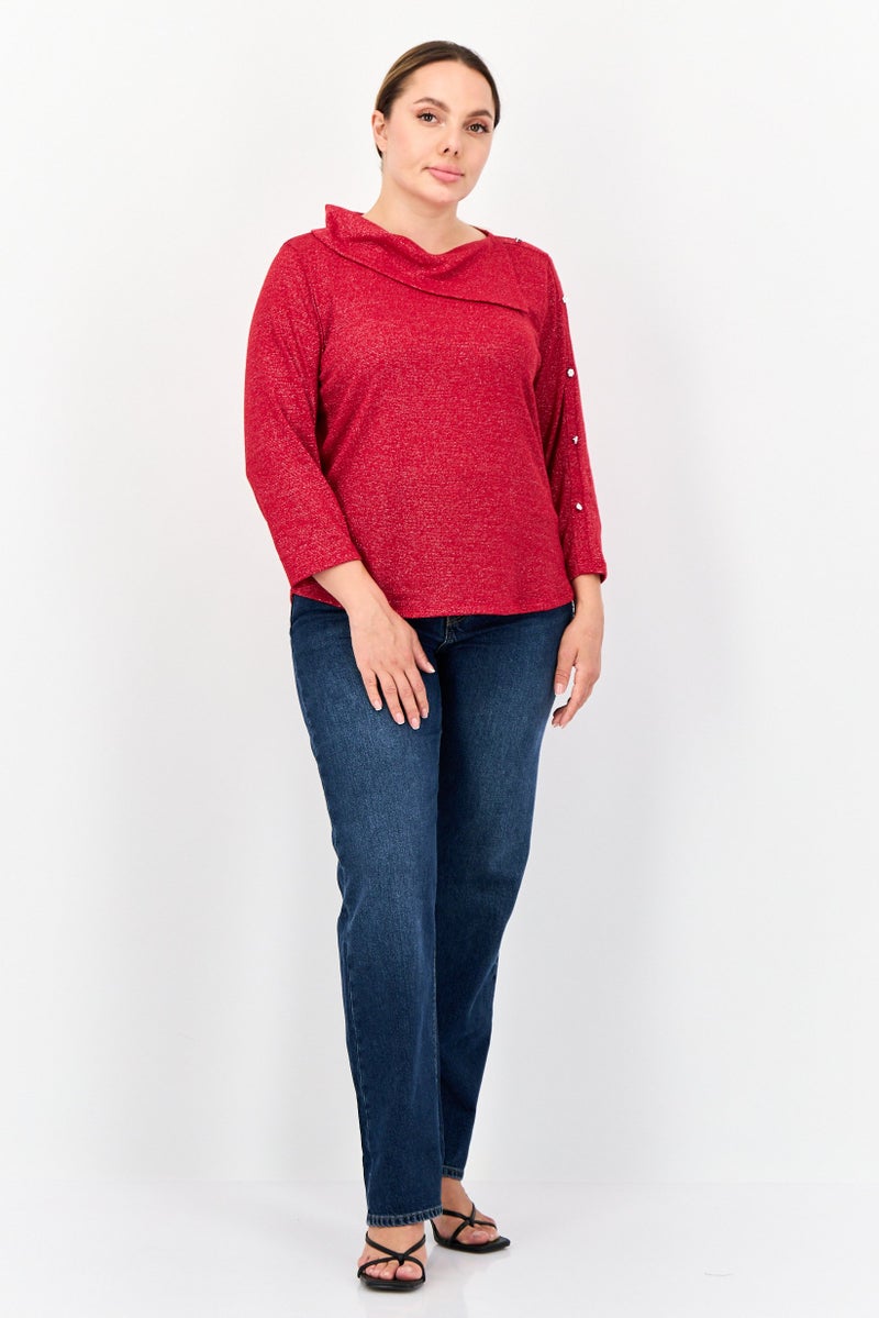 ADRIENNE VITTADINI بلوزة معدنية ذات ياقة مزيفة بأكمام 3/4 للنساء، حمراء - Image 4