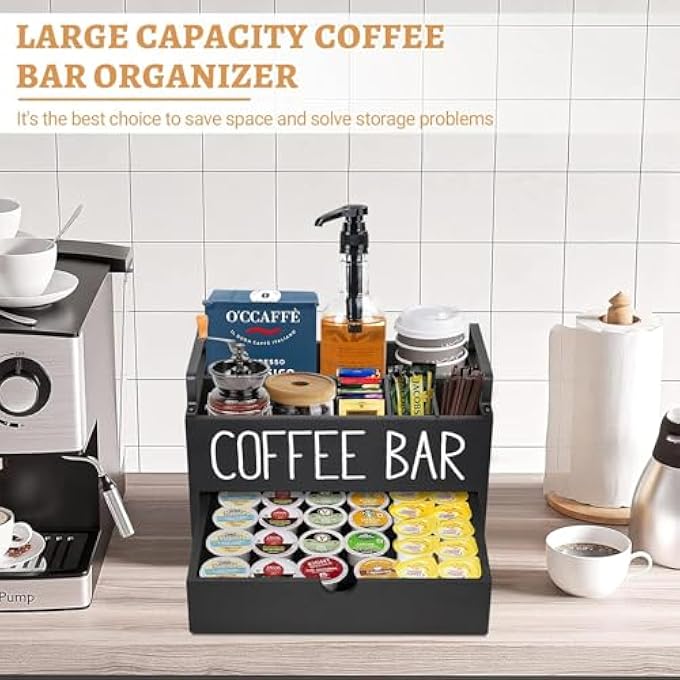 Antole Tea Bag HolderWooden Teabag Organizer With DrawerTea Storage Chest CaseCoffee Station Organizer With Handle For Pantry Cabinets CountertopsKcup Pod HolderCoffee Bar Accessories 2 Tier - Image 4