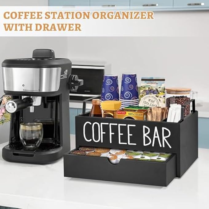 Antole Tea Bag HolderWooden Teabag Organizer With DrawerTea Storage Chest CaseCoffee Station Organizer With Handle For Pantry Cabinets CountertopsKcup Pod HolderCoffee Bar Accessories 2 Tier - Image 5