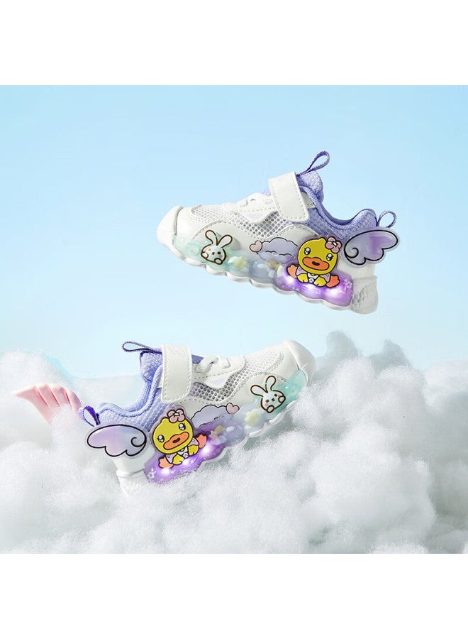B.duck Little Yellow Duck Girls' Sports Shoes Summer Single Mesh Light-up Breathable Colorful Glowing Running Shoes 5098 White Purple Size 28 - Image 1