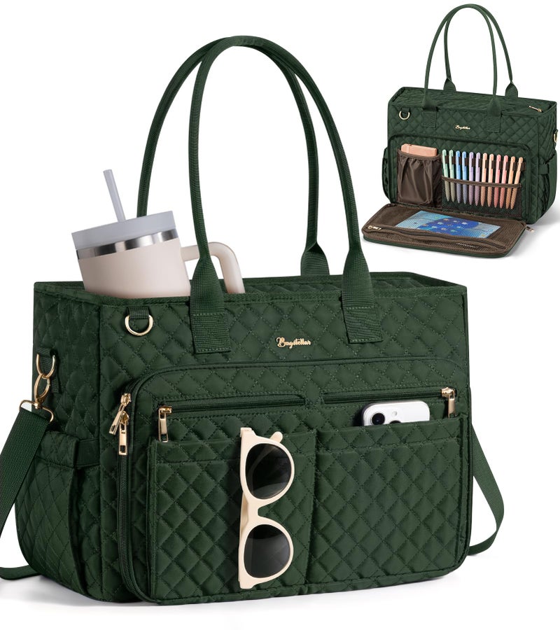Bagstellar Teacher Tote Bags for Women, 15.6 inch Laptop Work Tote Nurse Bible Bag With Large Cup Holder & Insulated Pocket Quilted Shoulder Handbag Laptop Briefcase for Work, Daily, School, Travel, Gifts - Image 1