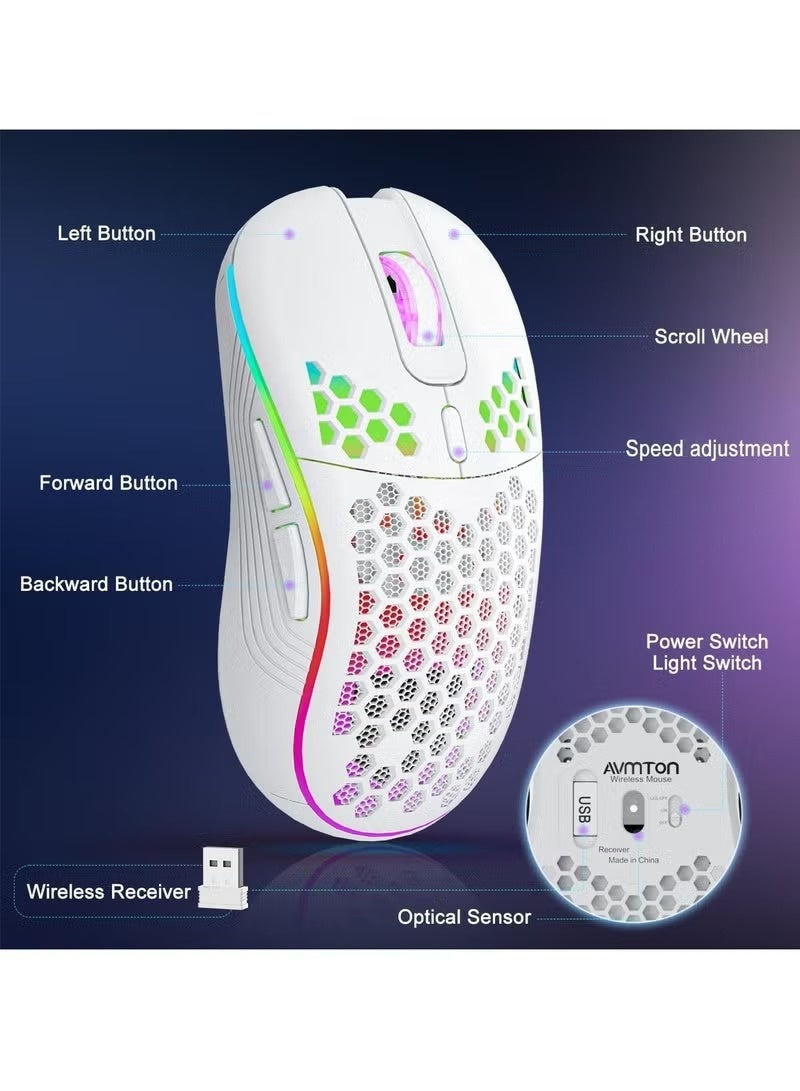 Wireless Gaming Mouse,Bluetooth Gaming Mouse,Rechargeable Wireless Mouse with RGB Backlight 6-Button Adjustable Lightweight Honeycomb Shell for Laptop, PC, Computer (White) - Image 5