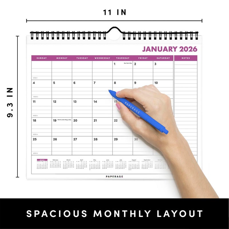 PAPERAGE 2026 Calendar, 12 Months (January 2026 - December 2026), Small (9 in x 11 in), Minimalist Wall and Desk Calendar with Monthly Views, Yearly Plans & Notes Section â€“ Raspberry - Image 2