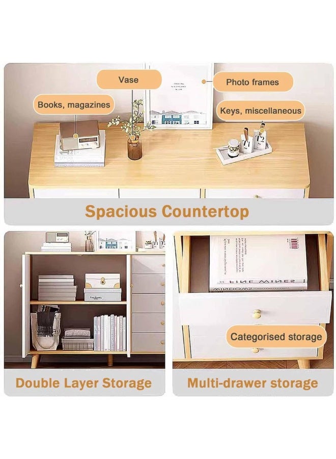 إيونتو خزانة تخزين عصرية مع سطح عمل - ٥ أدراج وخزانتين، أرجل من الخشب الصلب، مقابض خشبية وأبواب مغناطيسية للمنزل والمطبخ وغرفة المعيشة - Image 2