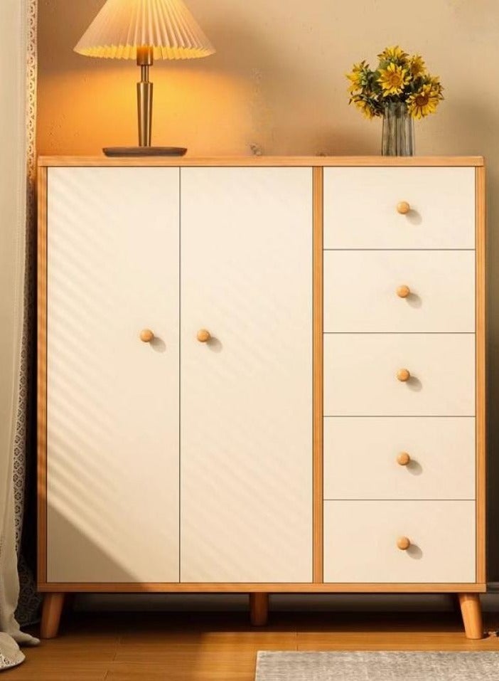 إيونتو خزانة تخزين عصرية مع سطح عمل - ٥ أدراج وخزانتين، أرجل من الخشب الصلب، مقابض خشبية وأبواب مغناطيسية للمنزل والمطبخ وغرفة المعيشة - Image 1