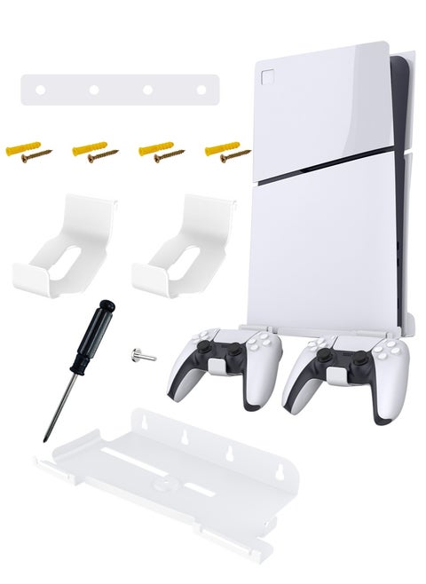 Wall Mount for PS5 Slim - Accessories PS5 Slim Digital/Disc Edition Console Floating Shelf Behind TV, with 2 Detachable Controllers Holder Rack, Solid Metal Stand Kit, Easy Installation