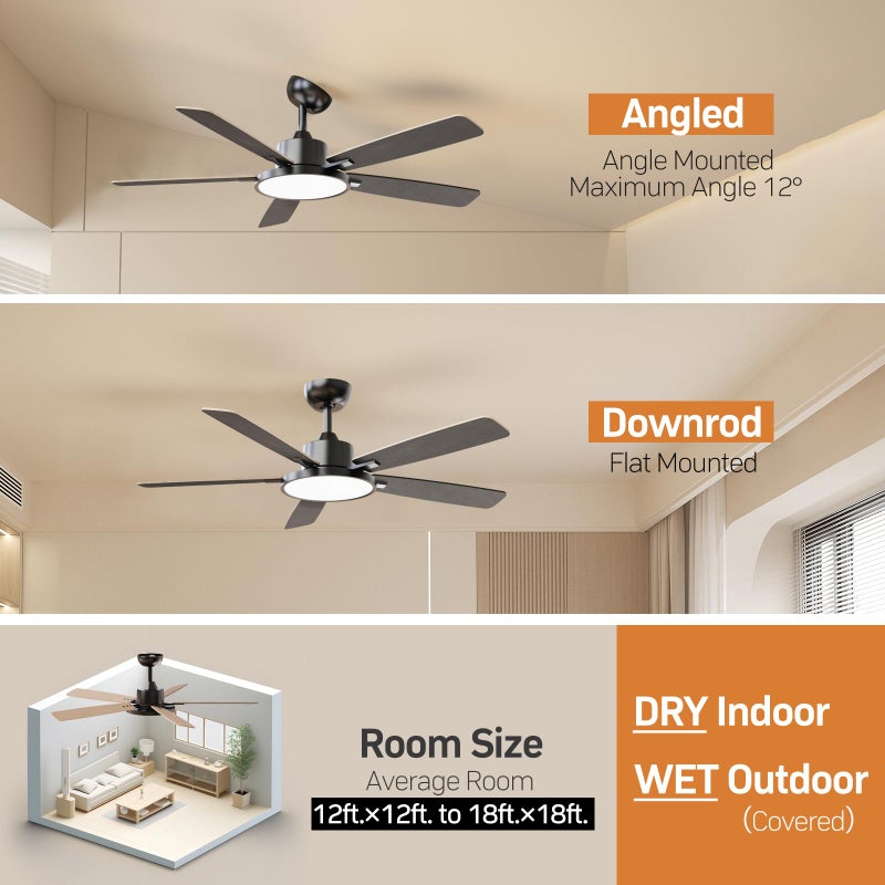 TALOYA 52 Inch Black Walnut Ceiling Fans with Lights Led Remote Control Flush Mount Low Profile for Bedroom Living Dining Room Outdoor Farmhouse,Reversible,DC Motor,Diammable,Buzzer ON/Off,5 Blades - Image 4