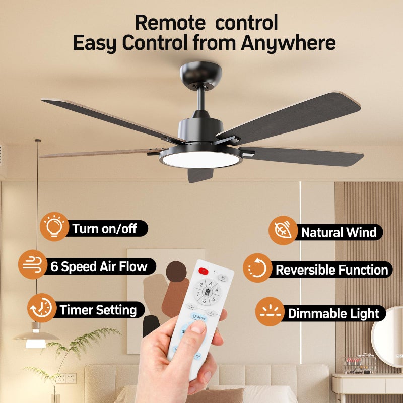 TALOYA 52 Inch Black Walnut Ceiling Fans with Lights Led Remote Control Flush Mount Low Profile for Bedroom Living Dining Room Outdoor Farmhouse,Reversible,DC Motor,Diammable,Buzzer ON/Off,5 Blades - Image 3