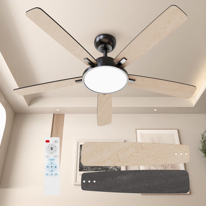 TALOYA 52 Inch Black Walnut Ceiling Fans with Lights Led Remote Control Flush Mount Low Profile for Bedroom Living Dining Room Outdoor Farmhouse,Reversible,DC Motor,Diammable,Buzzer ON/Off,5 Blades - Image 1