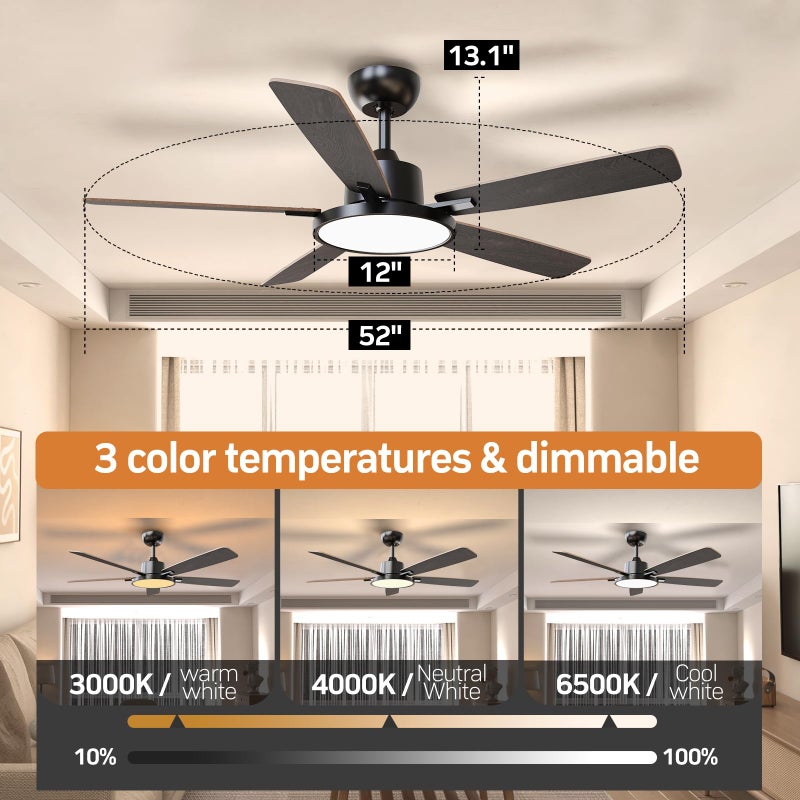 TALOYA 52 Inch Black Walnut Ceiling Fans with Lights Led Remote Control Flush Mount Low Profile for Bedroom Living Dining Room Outdoor Farmhouse,Reversible,DC Motor,Diammable,Buzzer ON/Off,5 Blades - Image 2
