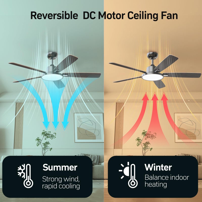 TALOYA 52 Inch Black Walnut Ceiling Fans with Lights Led Remote Control Flush Mount Low Profile for Bedroom Living Dining Room Outdoor Farmhouse,Reversible,DC Motor,Diammable,Buzzer ON/Off,5 Blades - Image 5