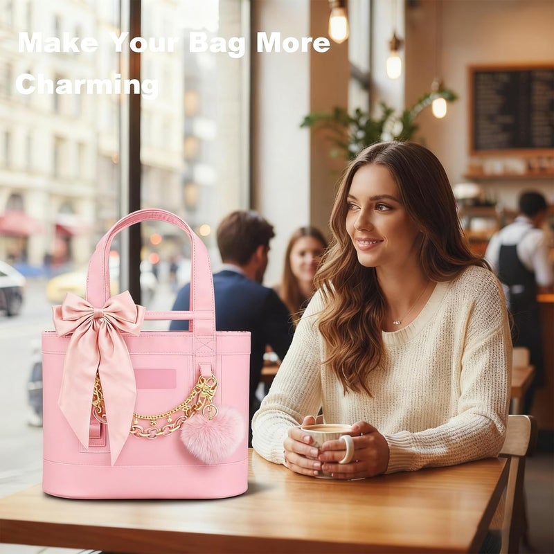 CuddleJunk Bag Charms for Tote Bags, Satin Bow Keychain Kit Accessories for Yeti Camino, Fluffy Ball Gold Chains Charms for Women Purse Beach Handbag (Pink) - Image 4