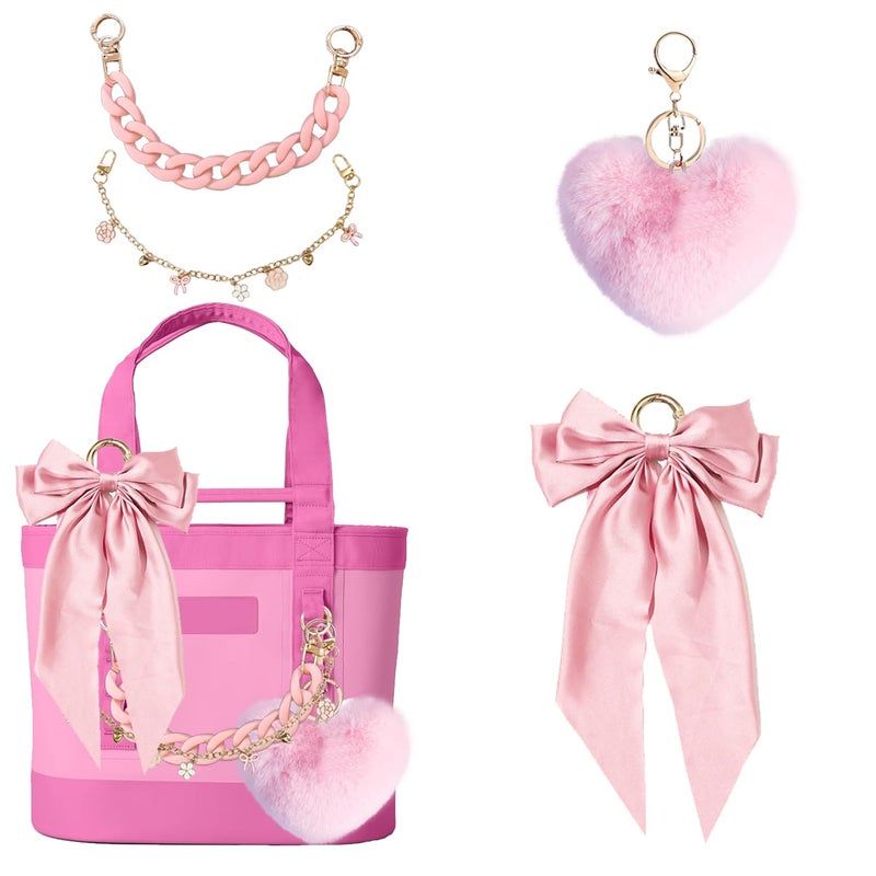 CuddleJunk Bag Charms for Tote Bags, Satin Bow Keychain Kit Accessories for Yeti Camino, Fluffy Ball Gold Chains Charms for Women Purse Beach Handbag (Pink) - Image 1