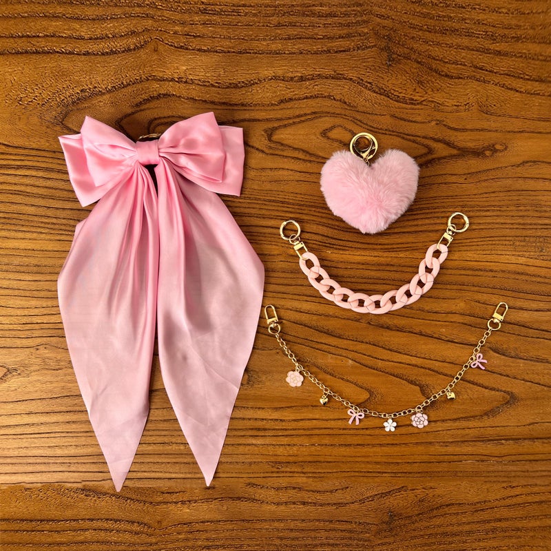 CuddleJunk Bag Charms for Tote Bags, Satin Bow Keychain Kit Accessories for Yeti Camino, Fluffy Ball Gold Chains Charms for Women Purse Beach Handbag (Pink) - Image 3