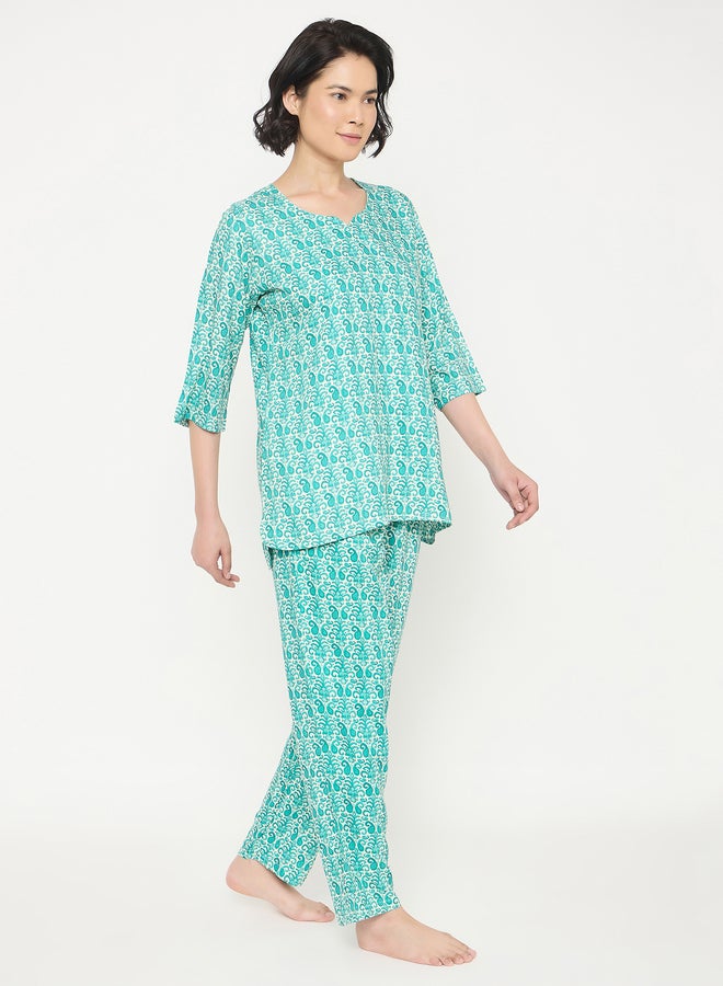Clovia Paisley Print Notch Neck Top and Pyjama Set - Image 1