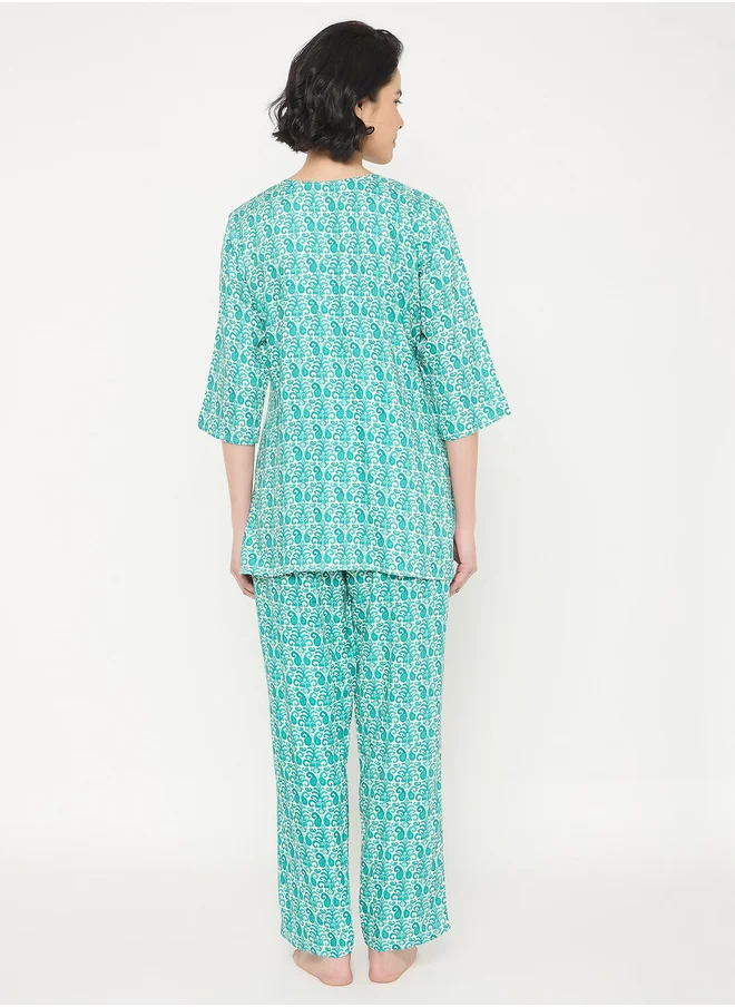 Clovia Clovia Paisley Print Notch Neck Top and Pyjama Set
