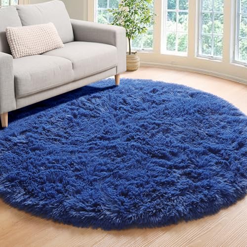 ONASAR Navy Blue Round Area Rug 4ft, Soft Bedroom Circle Rugs Floor Mat for Kids Girls Boys Teen Room, Fluffy Plush Shaggy Carpet for Baby Nursery Living Room Playroom Dorm Home Decor - Image 3