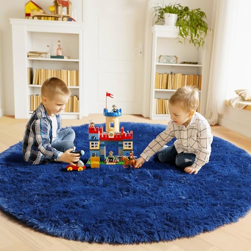 ONASAR Navy Blue Round Area Rug 4ft, Soft Bedroom Circle Rugs Floor Mat for Kids Girls Boys Teen Room, Fluffy Plush Shaggy Carpet for Baby Nursery Living Room Playroom Dorm Home Decor - Image 4