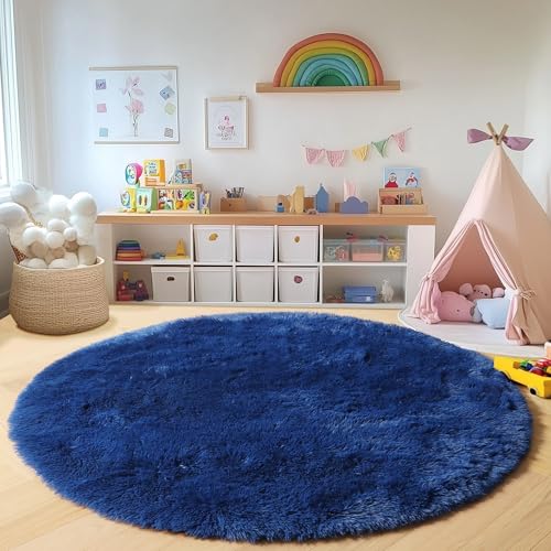 ONASAR Navy Blue Round Area Rug 4ft, Soft Bedroom Circle Rugs Floor Mat for Kids Girls Boys Teen Room, Fluffy Plush Shaggy Carpet for Baby Nursery Living Room Playroom Dorm Home Decor - Image 5
