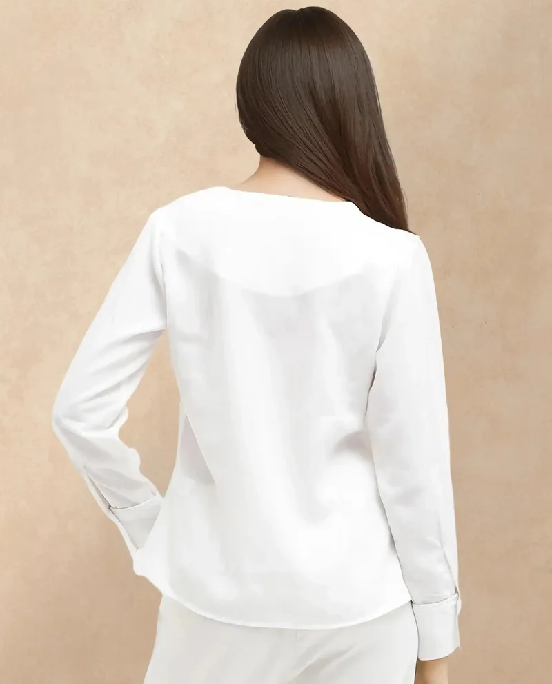 Rareism Women's Solid Cuffed Sleeve V Neck Top