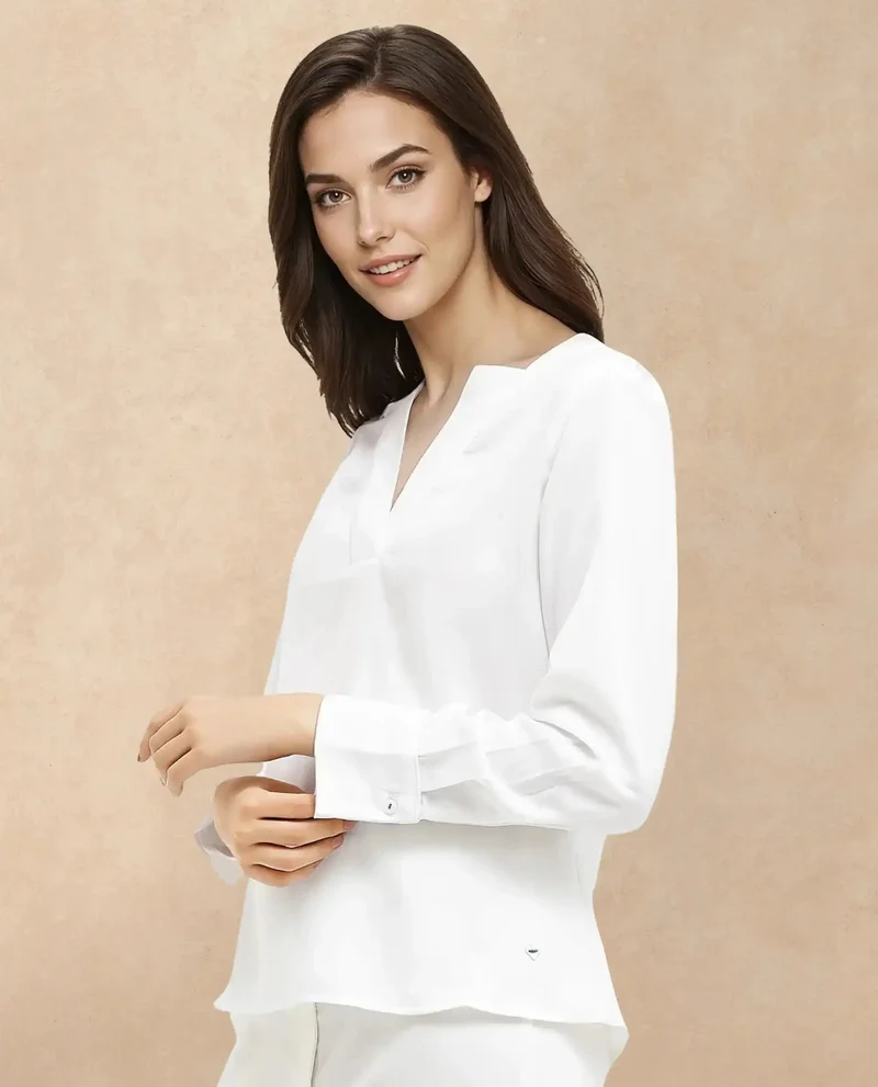 Rareism Women's Solid Cuffed Sleeve V Neck Top