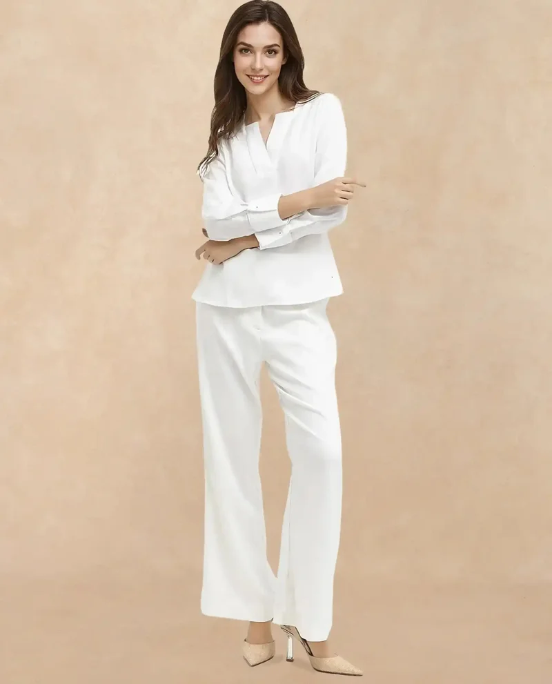 Rareism Women's Solid Cuffed Sleeve V Neck Top