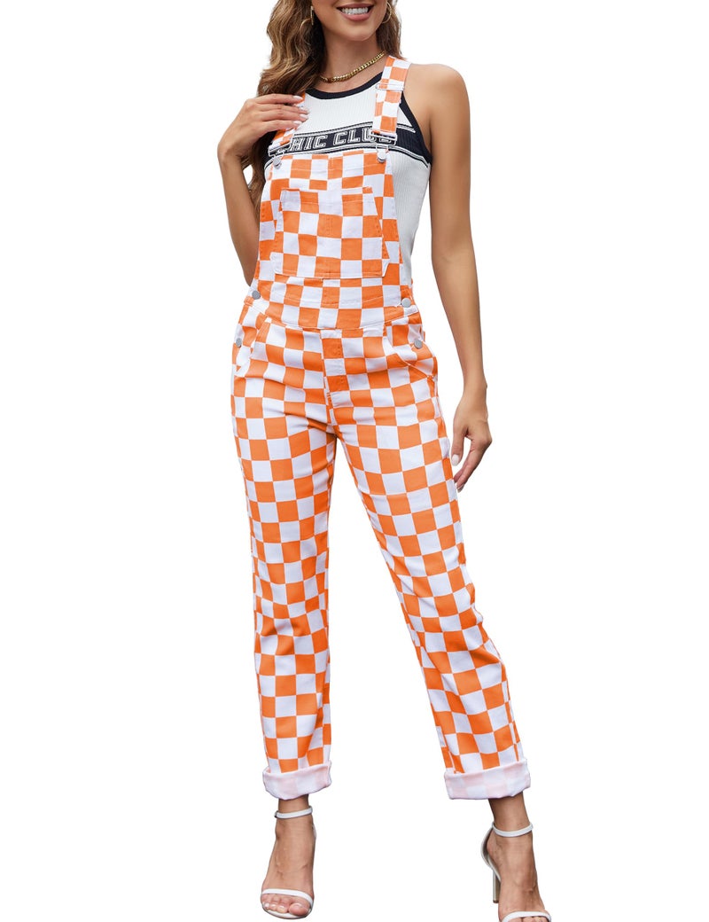 Odefou Checkered Pants Womens Overalls Fashion Bib Coveralls Cute Stretch Jeans Jumpsuit(Orange Checkered) - Image 1