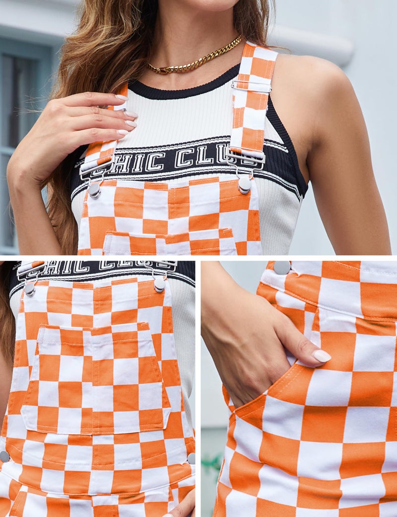 Odefou Checkered Pants Womens Overalls Fashion Bib Coveralls Cute Stretch Jeans Jumpsuit(Orange Checkered) - Image 3