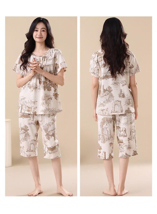 2-Piece Women's Floral Print Pajamas Soft Short Sleeve and Shorts Sleepwear Set for Comfortable Home Clothes Mother Clothes - Image 2