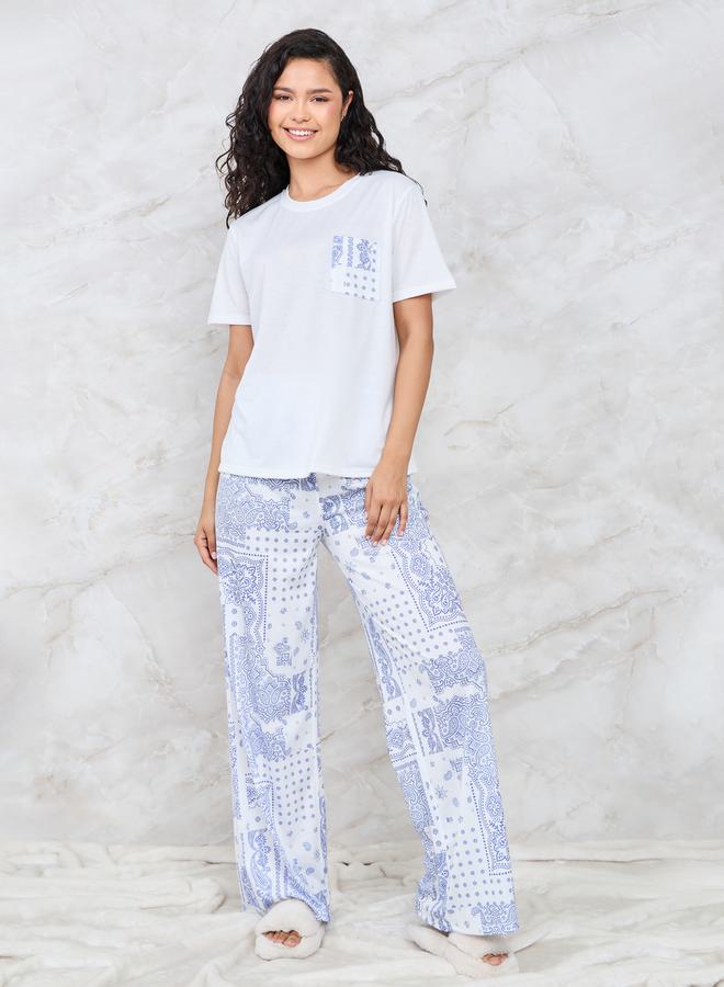 Styli Printed Pocket T-Shirt & Wide Leg Pyjama Set  - Image 1