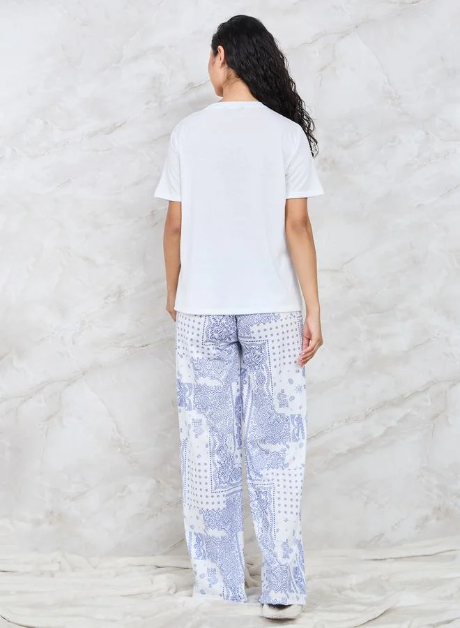 Styli Printed Pocket T-Shirt & Wide Leg Pyjama Set