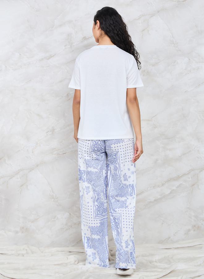 Styli Printed Pocket T-Shirt & Wide Leg Pyjama Set  - Image 4