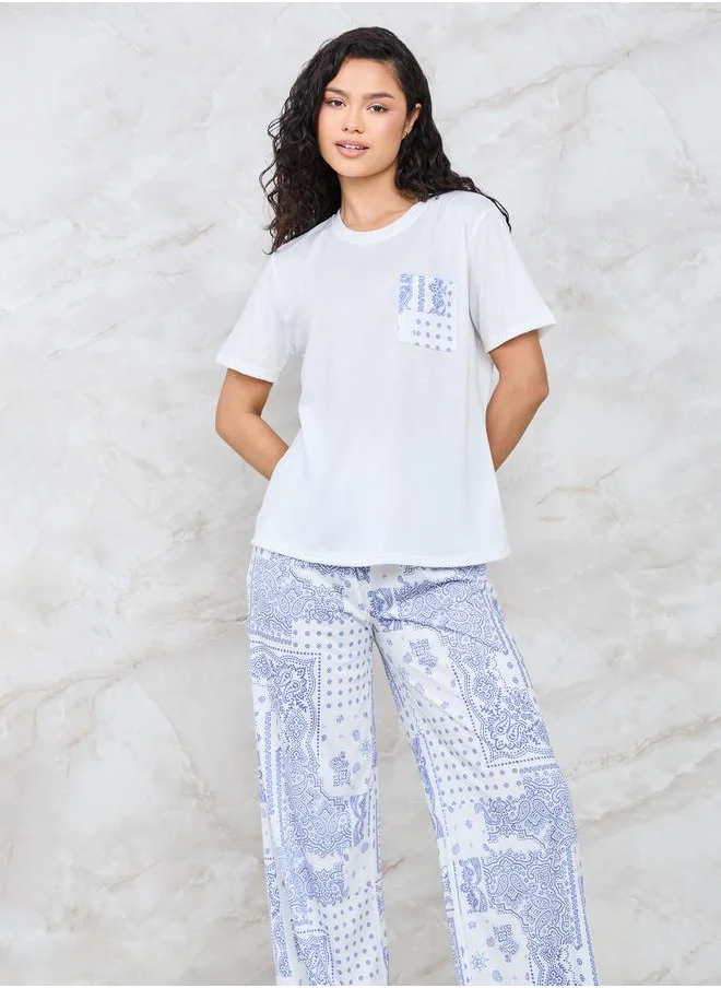 ستايلي Printed Pocket T-Shirt & Wide Leg Pyjama Set