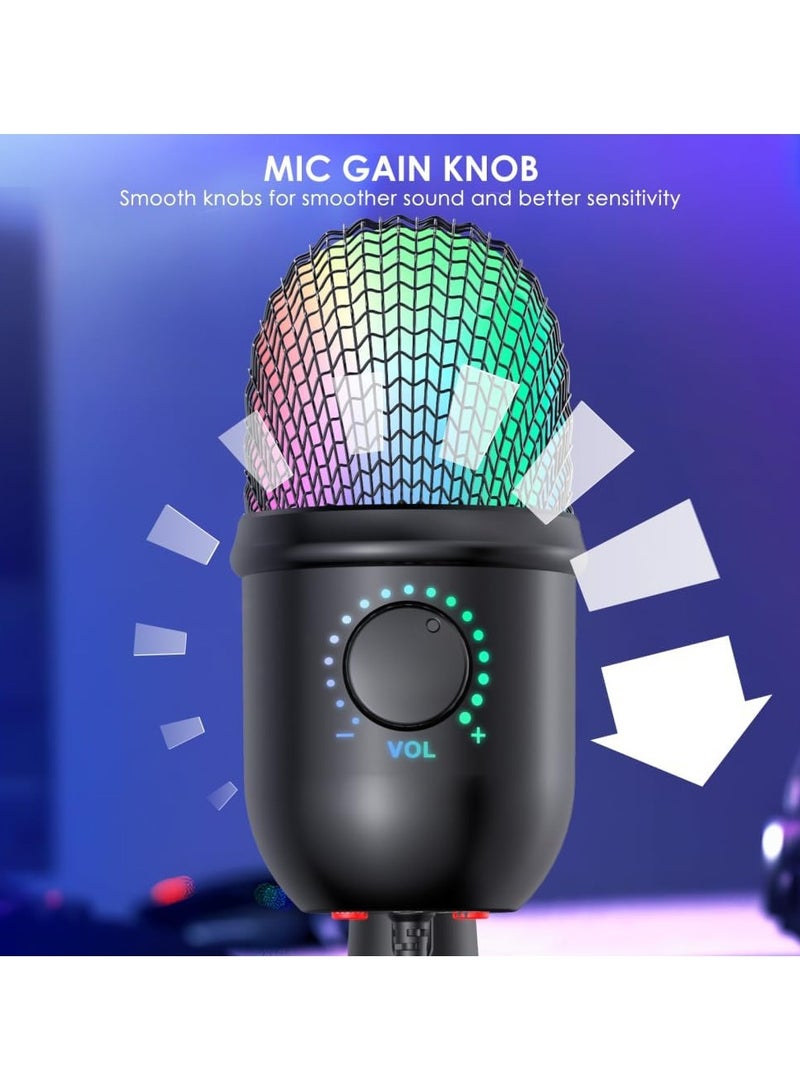ميكروفون مكثف RGB بميكروفون USB قلبي مع تأثير إضاءة ملون، كتم زر واحد، مراقبة في الوقت الحقيقي مع حامل ميكروفون سطح المكتب لأجهزة الكمبيوتر المحمول والبث المباشر لمؤتمرات الفيديو عبر الإنترنت - Image 5