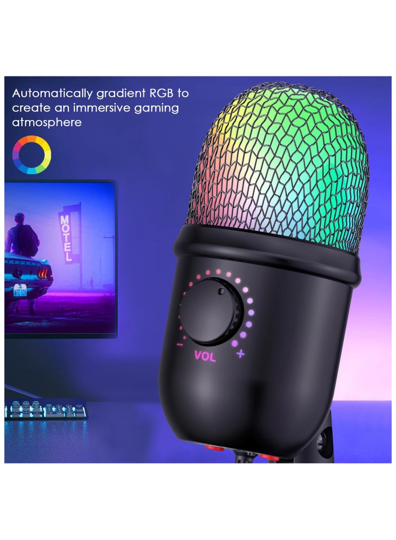 ميكروفون مكثف RGB بميكروفون USB قلبي مع تأثير إضاءة ملون، كتم زر واحد، مراقبة في الوقت الحقيقي مع حامل ميكروفون سطح المكتب لأجهزة الكمبيوتر المحمول والبث المباشر لمؤتمرات الفيديو عبر الإنترنت - Image 3