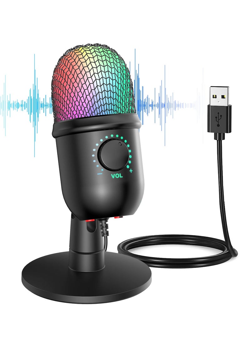 ميكروفون مكثف RGB بميكروفون USB قلبي مع تأثير إضاءة ملون، كتم زر واحد، مراقبة في الوقت الحقيقي مع حامل ميكروفون سطح المكتب لأجهزة الكمبيوتر المحمول والبث المباشر لمؤتمرات الفيديو عبر الإنترنت - Image 1