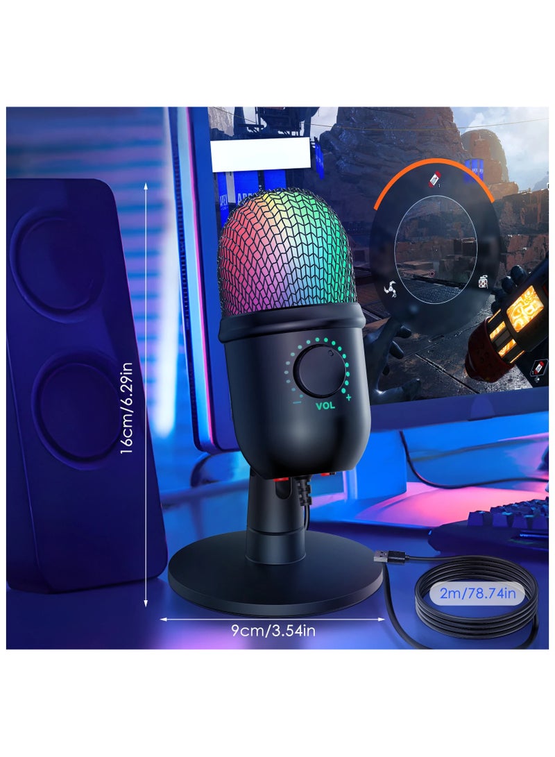 ميكروفون مكثف RGB بميكروفون USB قلبي مع تأثير إضاءة ملون، كتم زر واحد، مراقبة في الوقت الحقيقي مع حامل ميكروفون سطح المكتب لأجهزة الكمبيوتر المحمول والبث المباشر لمؤتمرات الفيديو عبر الإنترنت - Image 2
