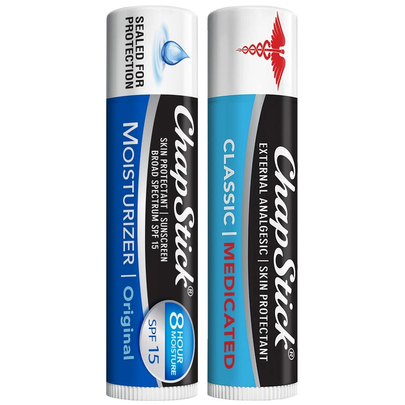 ChapStick Dry Lips  Cold Sore Pain Relief Bundle  Classic Medicated ChapStick  Original Moisturizer Lip Balm with SPF 15 015 Oz Ea 2 Piece Set