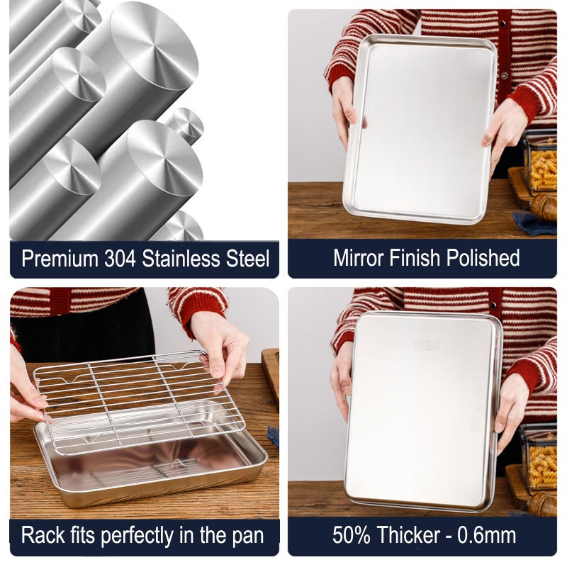 HYTK Extra Small Serving Trays with Cooling Wire Racks Set Stainless Steel 304 Tiny Baking Sheet Pans 9.3 x 6.9 Inch Dishwasher Safe for 1~2 Person 2 Pans & 2 Racks - Image 4