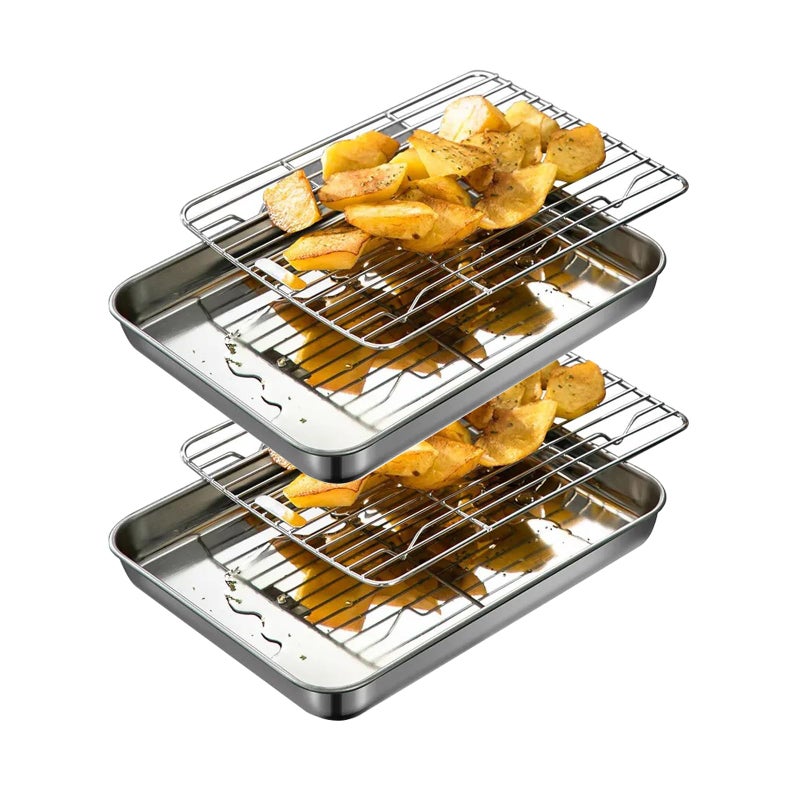 HYTK Extra Small Serving Trays with Cooling Wire Racks Set Stainless Steel 304 Tiny Baking Sheet Pans 9.3 x 6.9 Inch Dishwasher Safe for 1~2 Person 2 Pans & 2 Racks - Image 1