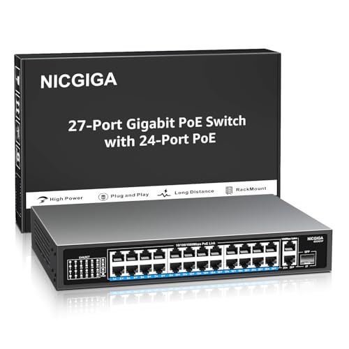 NICGIGA 24-Port Gigabit PoE Switch with 24 PoE+@300W, 2 Gigabit Uplink Ports, 1 SFP, Sturdy Metal for Desktop/Rack Mount, Plug and Play, Unmanaged Power Over Ethernet Switch - Image 1