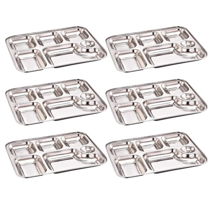 STAINLESS STEEL 6 IN 1 PAV BHAJI PLATE SET 6 COMPARTMENT SECTION MESS TRAY 6 SECTION RECTANGLE BHOJAN THALI FOR LUNCH AND DINNER PACK OF 6