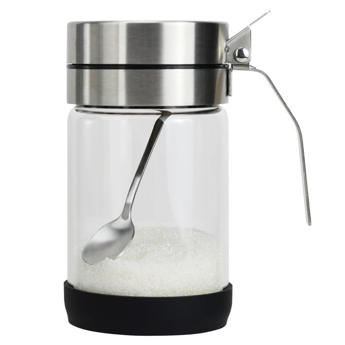 GLASS CONDIMENT JARS WITH STAINLESS STEEL LIDS AND SPOONS FOR SERVING STORING SUGAR SPICE SALT SEASONING IN HOME KITCHEN COFFEE BAR RESTAURANT CONTAINER CAPACITY 450ML145OZ