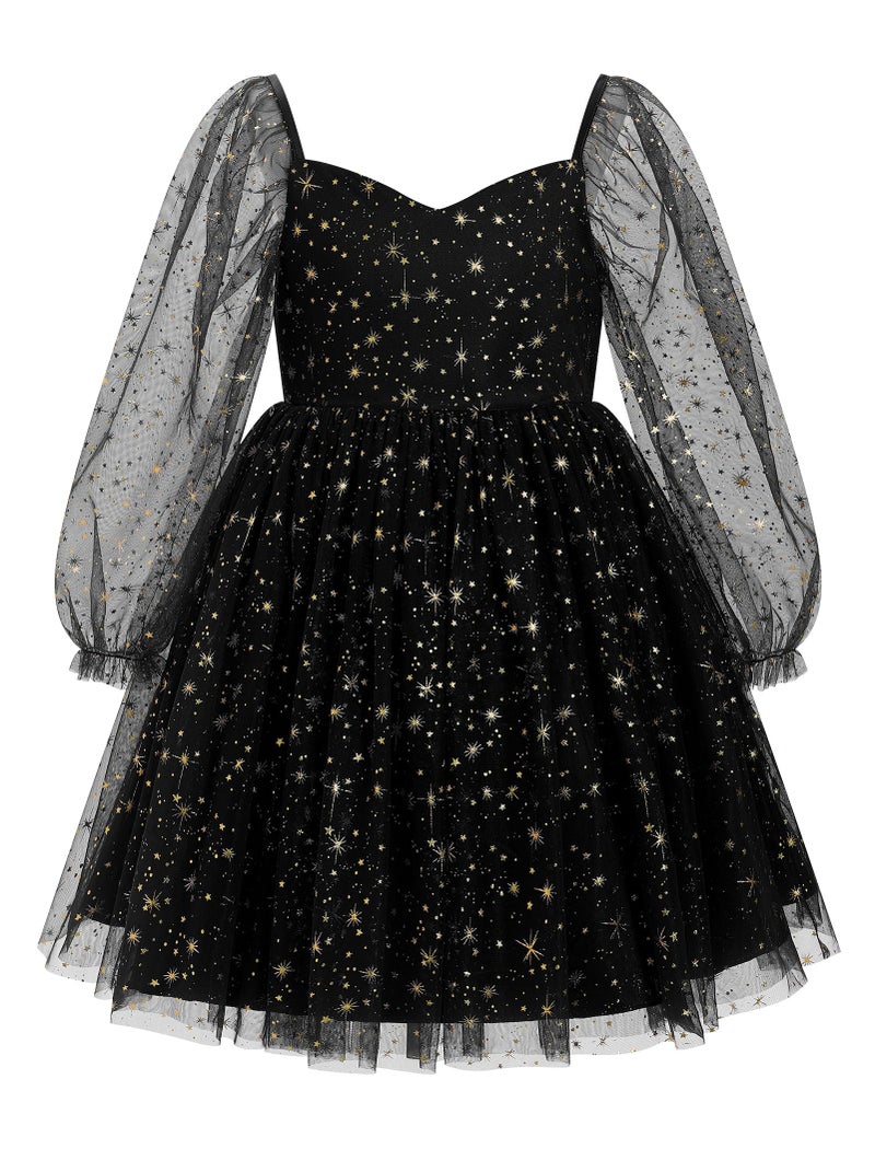 OBEEII Girls Birthday Party Dress Mesh Long Sleeve Star Glitters Tulle Tutu Dress Sequins Bowknot Princess Toddler Flower Girls Dress Wedding New Years Christmas Dress Black 5-6 Years - Image 1