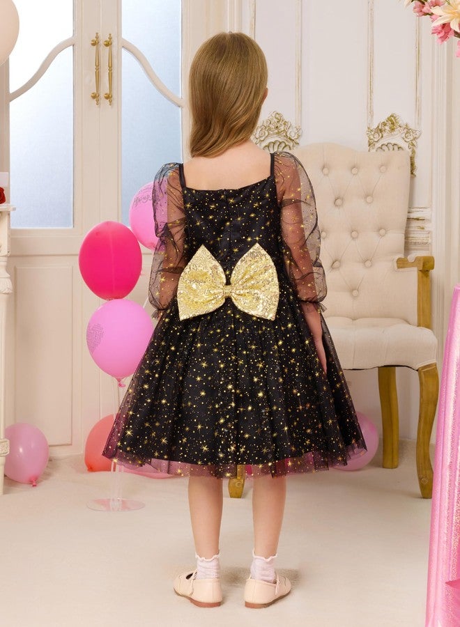 OBEEII Girls Birthday Party Dress Mesh Long Sleeve Star Glitters Tulle Tutu Dress Sequins Bowknot Princess Toddler Flower Girls Dress Wedding New Years Christmas Dress Black 5-6 Years - Image 3