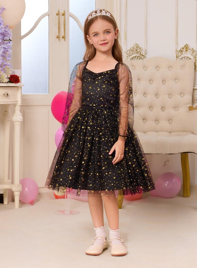 OBEEII Girls Birthday Party Dress Mesh Long Sleeve Star Glitters Tulle Tutu Dress Sequins Bowknot Princess Toddler Flower Girls Dress Wedding New Years Christmas Dress Black 5-6 Years - Image 5
