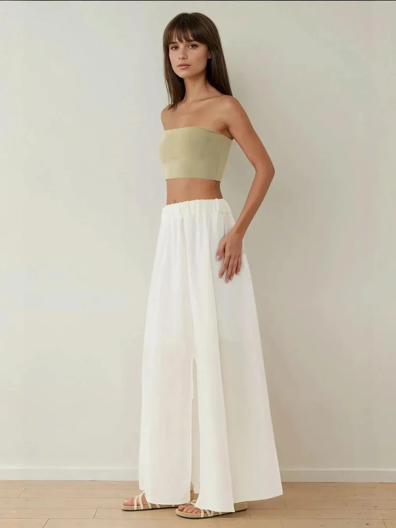 Hiccup White High Waist A-Form Maxi Skirt with Slit for Women | Best Price UAE