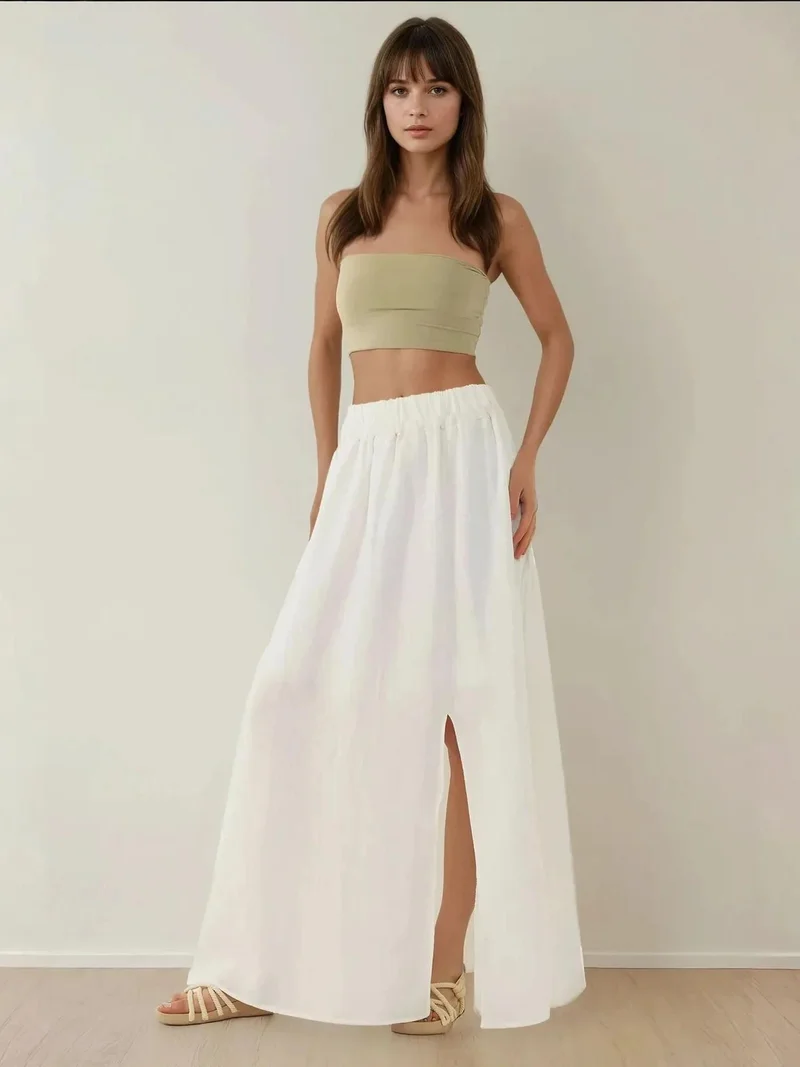 Hiccup White High Waist A-Form Maxi Skirt with Slit for Women | Best Price UAE